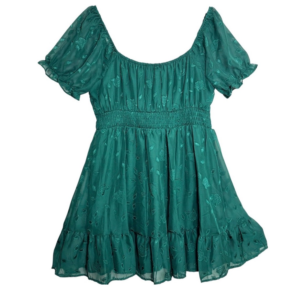 Mary & Mo Mini Dress Womens XL Green NWT Rose Jacquard Puff Sleeve Ruffle Boho - Picture 2 of 6